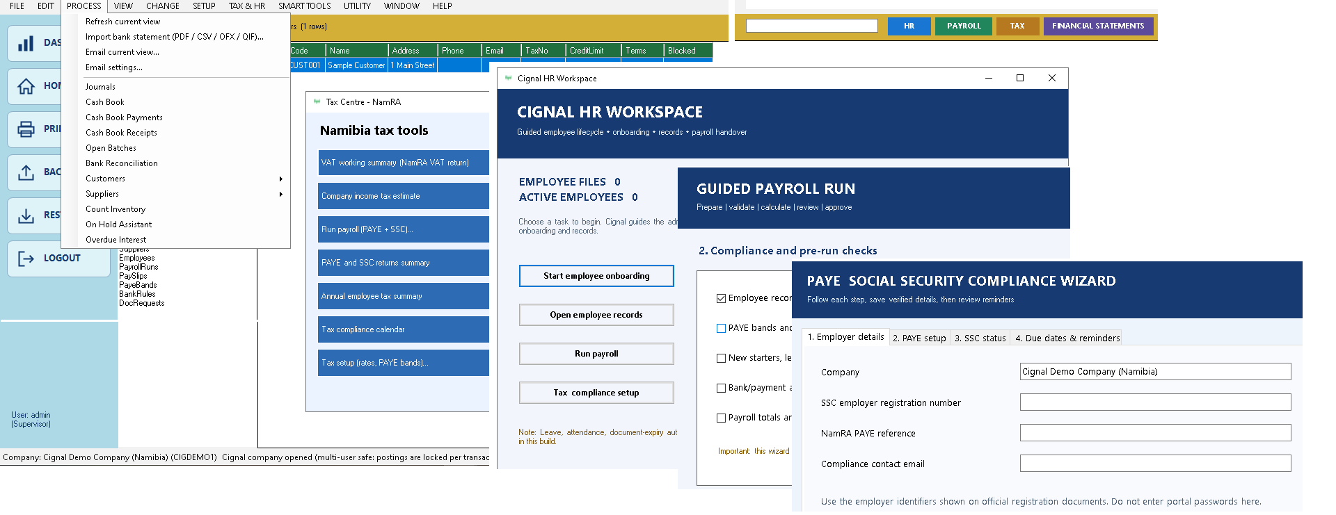 Cignal Accounting Suite with Namibian tax tools, HR workspace and PAYE Social Security compliance wizard